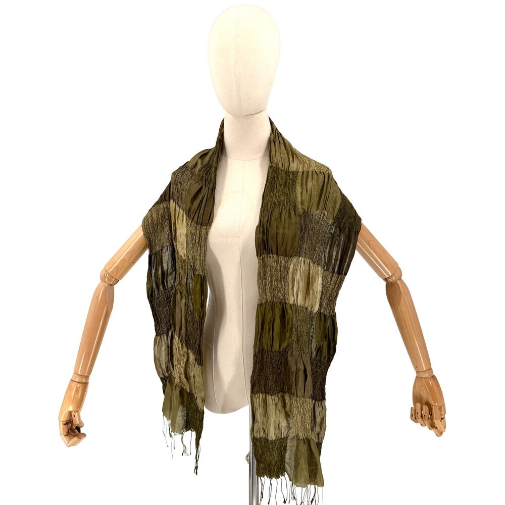 Vintage Y2K Olive Sage Green Silk Crinkled Patchwork Scarf